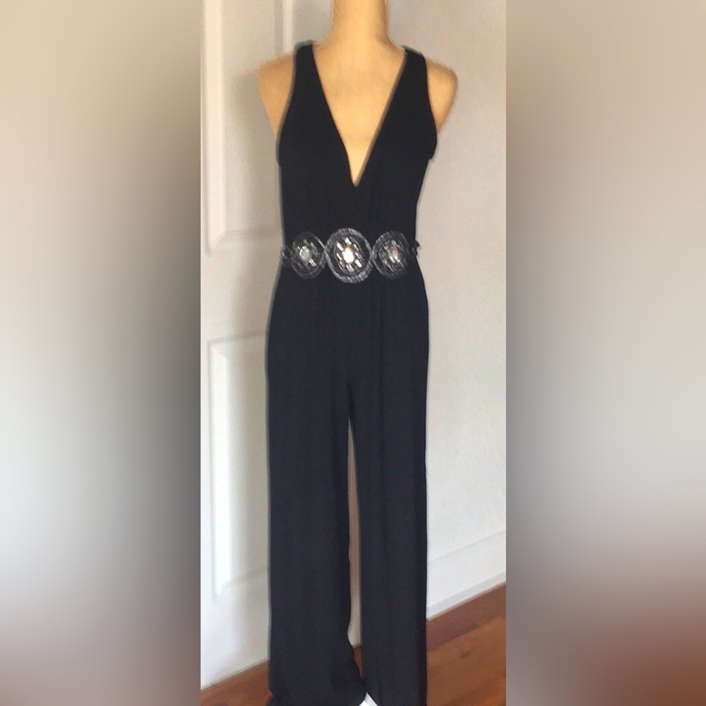ECI New York Black Jumpsuit Large w/Black beads & Rhinestones adorning waist